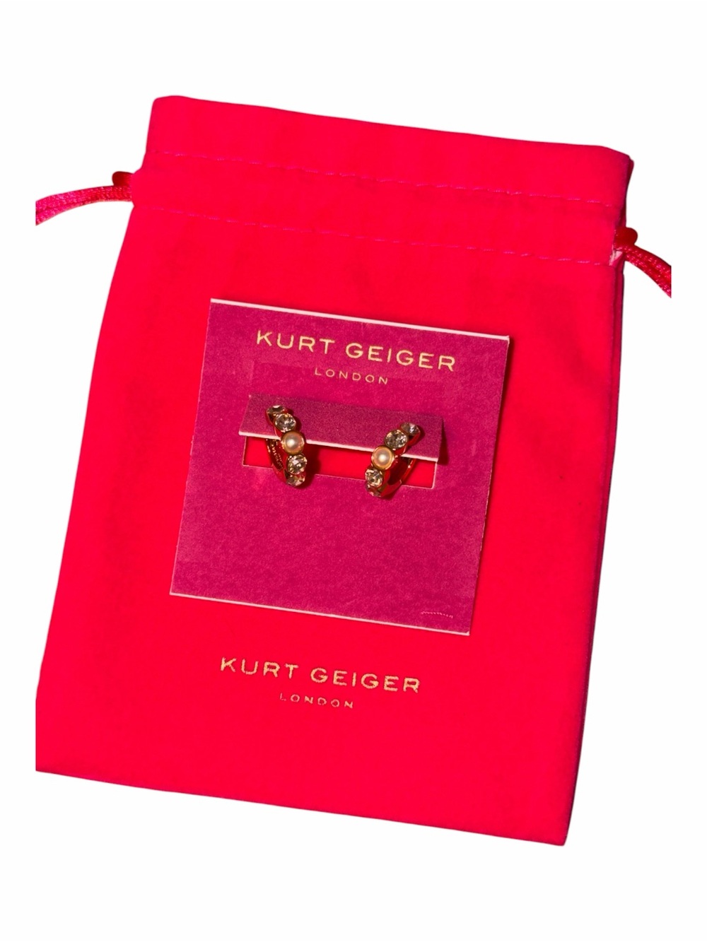 NWT Kurt Geiger London Faux Pearl & Crystal Gold Huggie Hoop Earrings